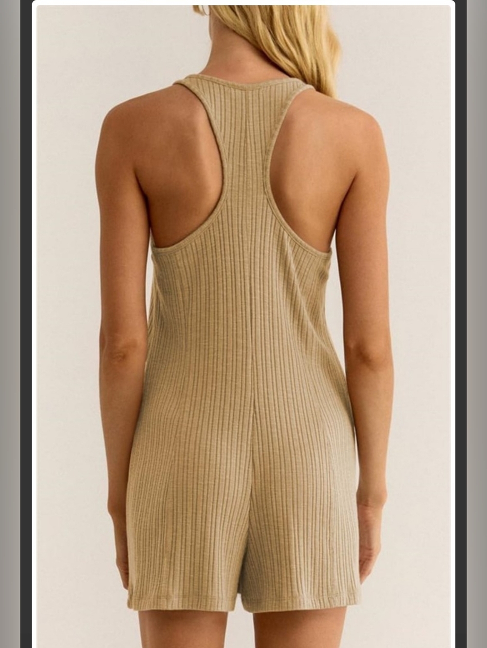 Sleeveless Ribbed Henley Romper in Tan - Picture 3 of 3